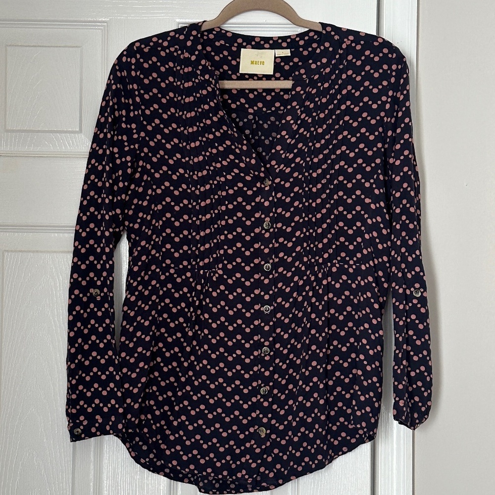 Maeve by Anthropologie Navy Button Blouse Polka Dots Roll Tab Sleeves Work Small